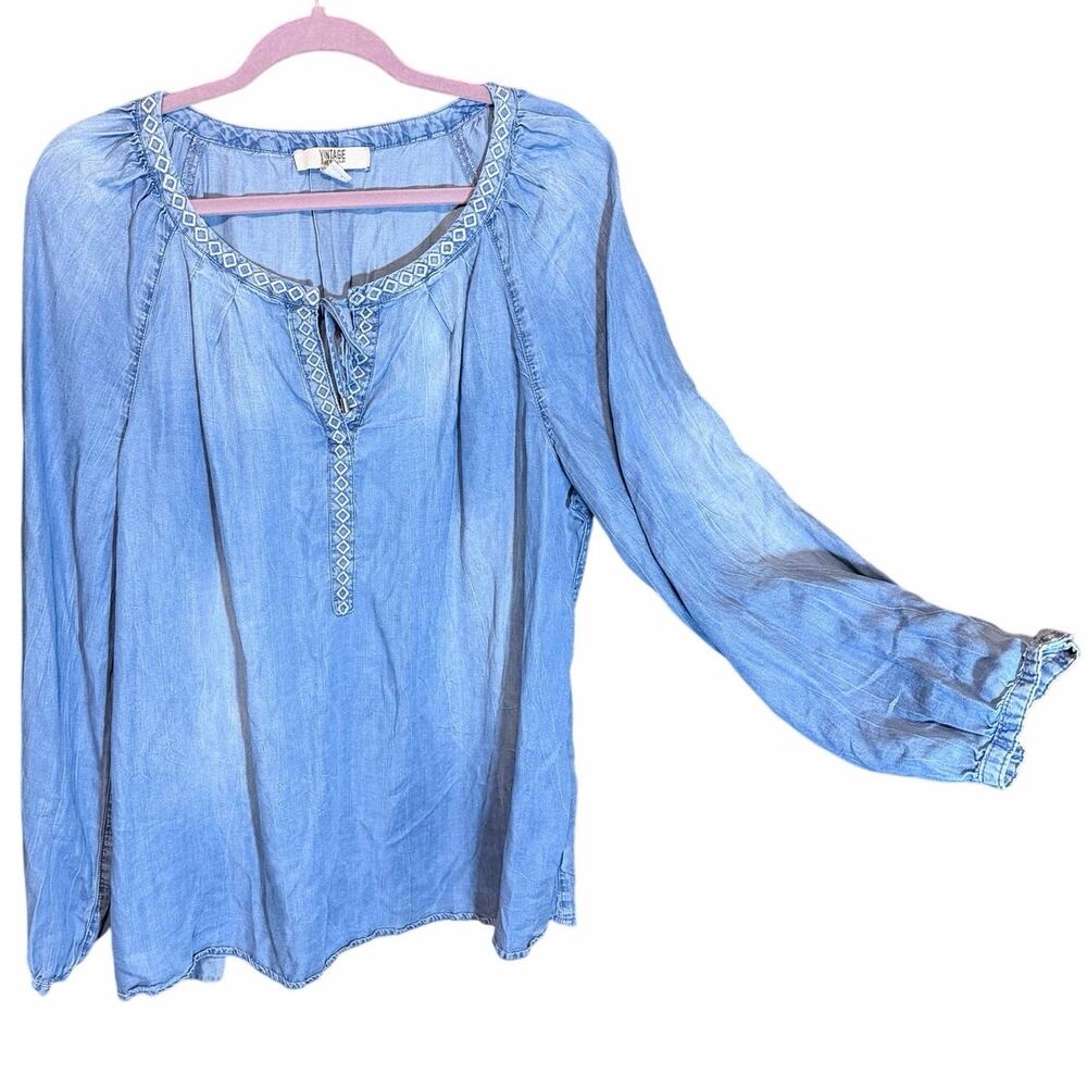 Vintage America Blues Chambray Peasant Blouse Lyocell Blue XL boho western